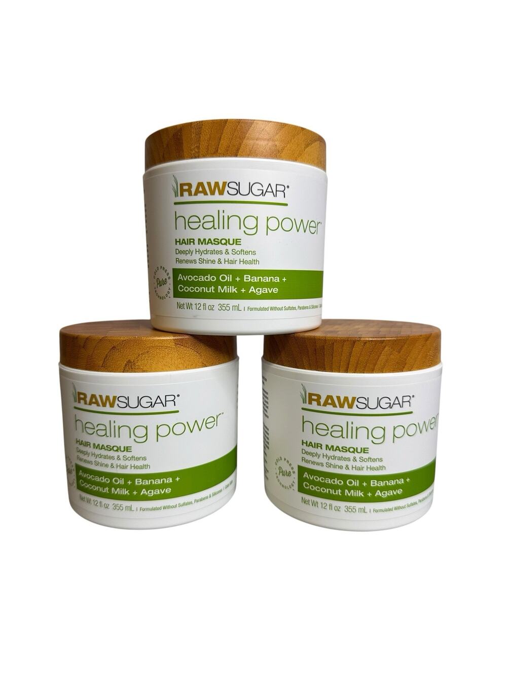 RAW SUGAR Healing Power Hair Masque Avocado Oil Agave Coconut 12 oz 3 Pack New